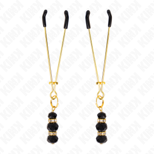Kink - pinzas para pezones dorada fina con triple bola de vidrio negro 7 cm