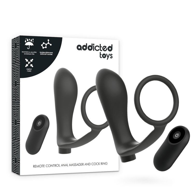 Addicted toys - anilla pene con plug anal control remoto negro recargable