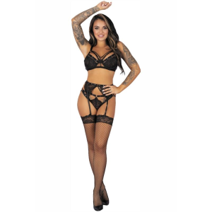Livco corsetti fashion - pojzon lc 90670 sujetador + medias + liguero + panty negro