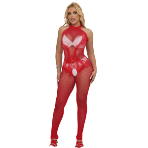 Subblime - 952372 bodystocking crotchless de rejilla y encaje con cuello alto rojo talla Única