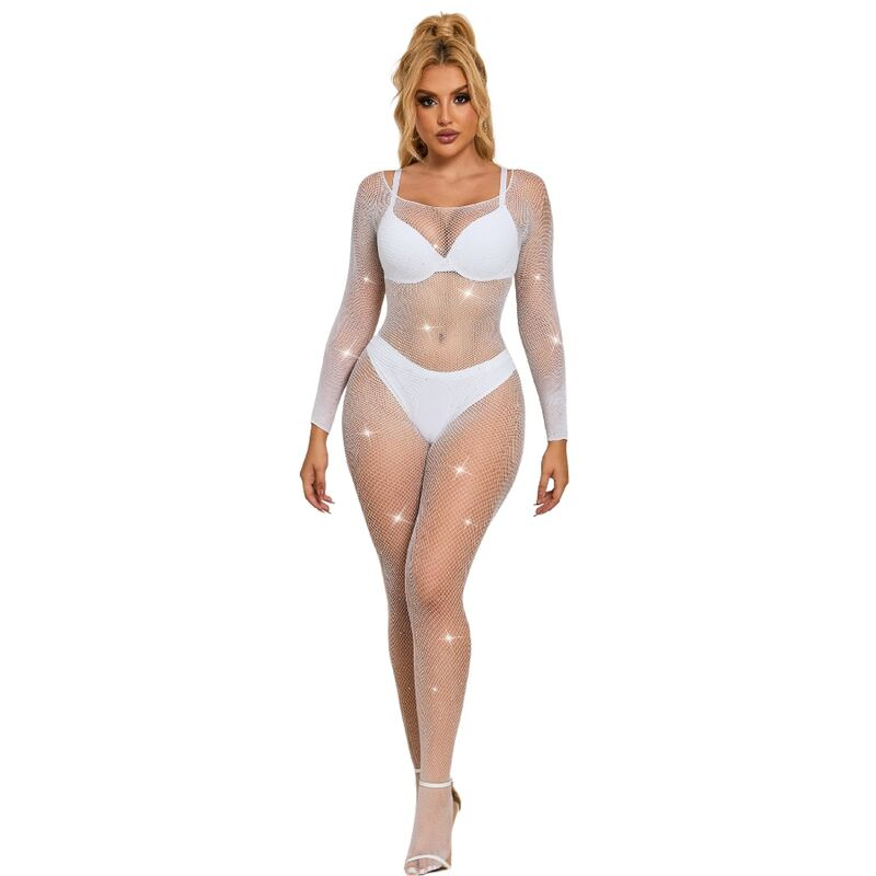 Subblime - 952396 bodystocking de rejilla con diamantes manga larga blanco talla Única