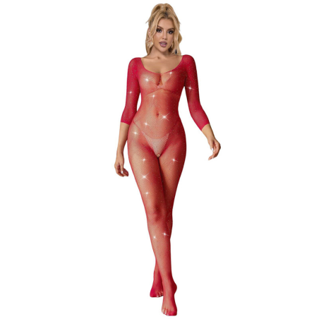 Subblime - 952419 bodystocking de rejilla con diamantes manga larga rojo xs/m